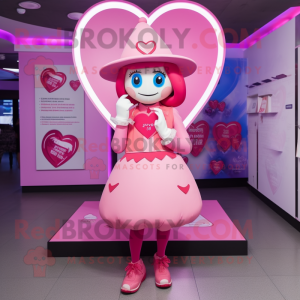 Pink Heart mascot costume character dressed with a Mini Skirt and Hat pins
