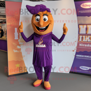 Purple Tikka Masala mascot costume character dressed with a Leggings and Suspenders