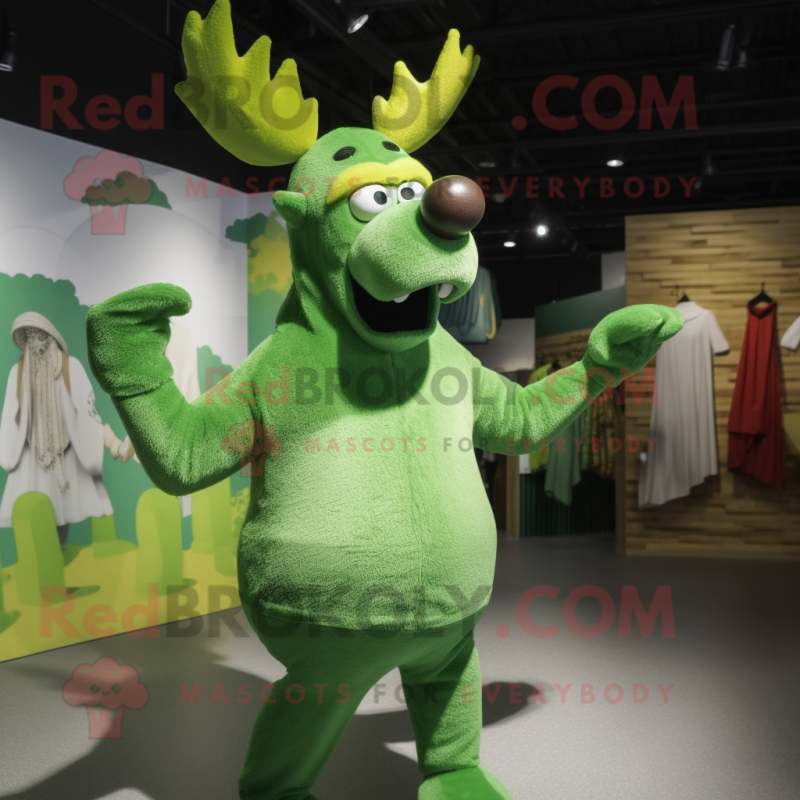 Green Moose mascot costume character dressed with a One-Piece Swimsuit and Scarves