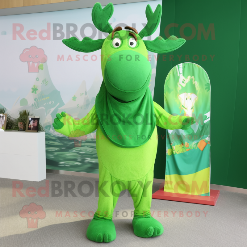 Green Moose mascot costume character dressed with a One-Piece Swimsuit and Scarves