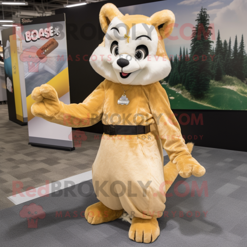 Gold Marten mascot costume character dressed with a A-Line Skirt and Mittens