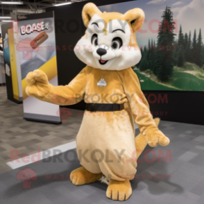 Gold Marten mascot costume character dressed with a A-Line Skirt and Mittens