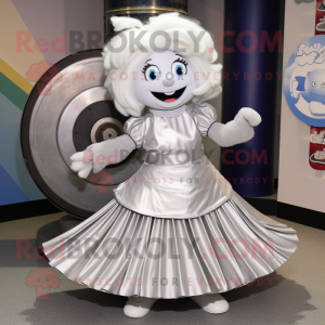 Silver Plate Spinner mascot costume character dressed with a Wrap Skirt and Hair clips