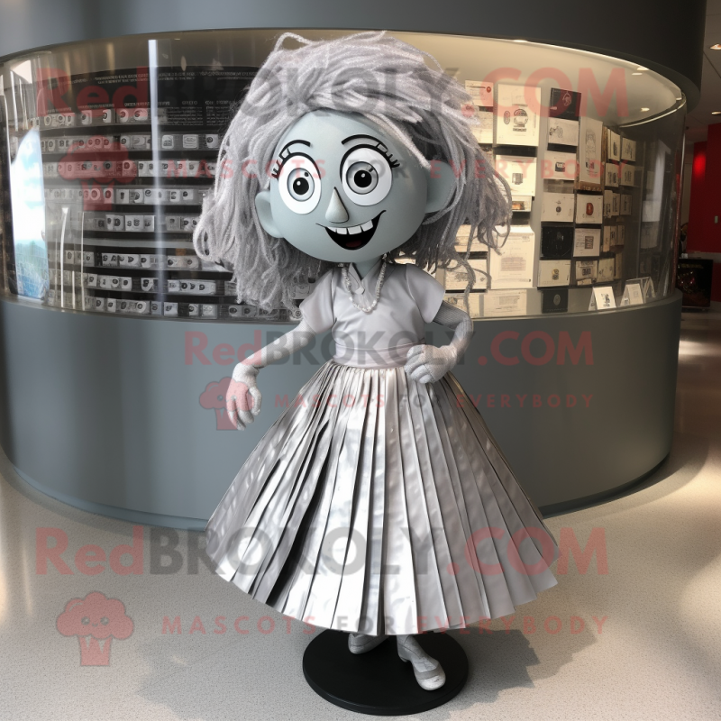 Silver Plate Spinner mascot costume character dressed with a Wrap Skirt and Hair clips