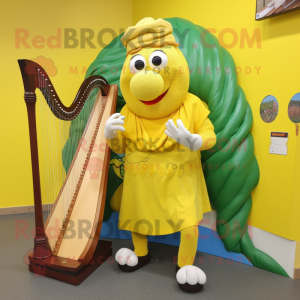 Yellow Celtic Harp mascot costume character dressed with a Bermuda Shorts and Shoe laces