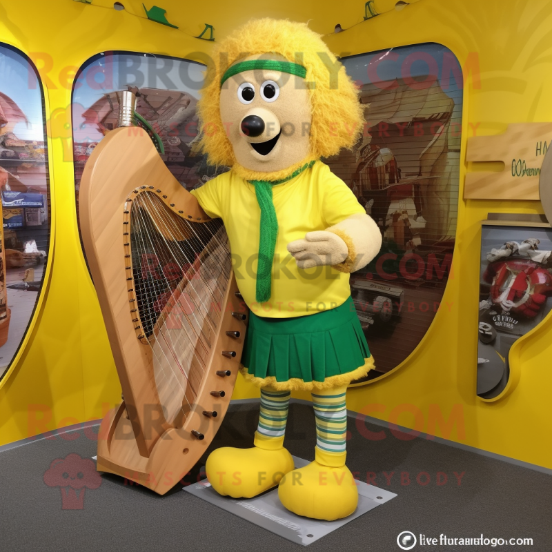 Yellow Celtic Harp mascot costume character dressed with a Bermuda Shorts and Shoe laces