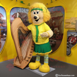 Yellow Celtic Harp mascot costume character dressed with a Bermuda Shorts and Shoe laces
