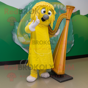 Yellow Celtic Harp mascot costume character dressed with a Bermuda Shorts and Shoe laces