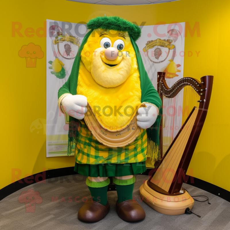 Yellow Celtic Harp mascot costume character dressed with a Bermuda Shorts and Shoe laces