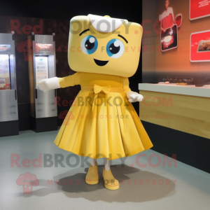 Gold Miso Soup mascot costume character dressed with a Dress and Shoe clips