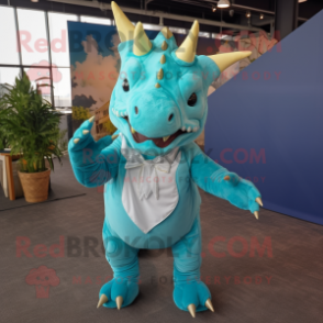 Cyan Triceratops mascot costume character dressed with a Poplin Shirt and Pocket squares