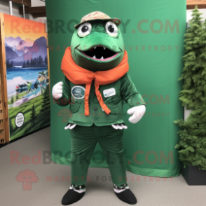 Forest Green Salmon mascot costume character dressed with a Romper and Belts