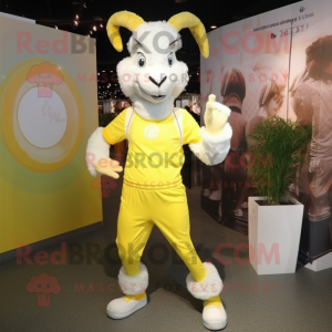 Lemon Yellow Goat mascot costume character dressed with a Joggers and Hair clips