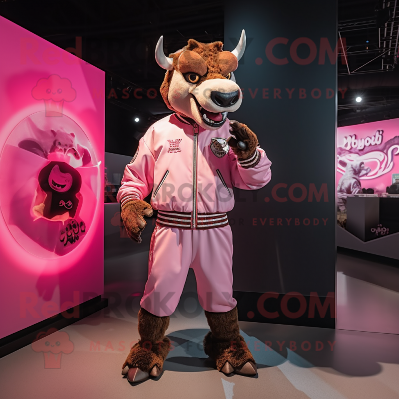 Pink Minotaur mascot costume character dressed with a Bomber Jacket and Anklets