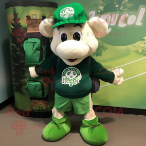 Forest Green Bunch Of Shamrocks mascot costume character dressed with a Board Shorts and Backpacks