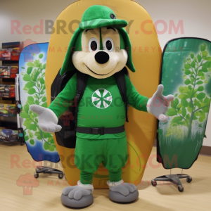 Forest Green Bunch Of Shamrocks mascot costume character dressed with a Board Shorts and Backpacks