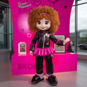 Magenta Irish Dancer mascot costume character dressed with a Biker Jacket and Coin purses