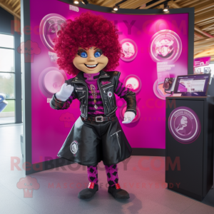 Magenta Irish Dancer mascot costume character dressed with a Biker Jacket and Coin purses