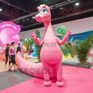 Pink Brachiosaurus mascot costume character dressed with a Bikini and Hair clips