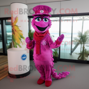 Magenta Seahorse mascot costume character dressed with a Vest and Hat pins