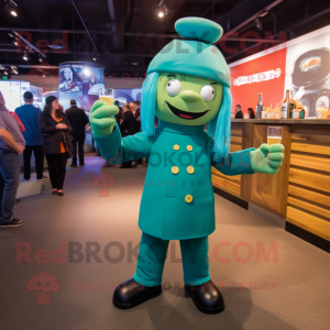 Teal Green Beer mascot costume character dressed with a Leggings and Berets