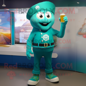 Teal Green Beer mascot costume character dressed with a Leggings and Berets