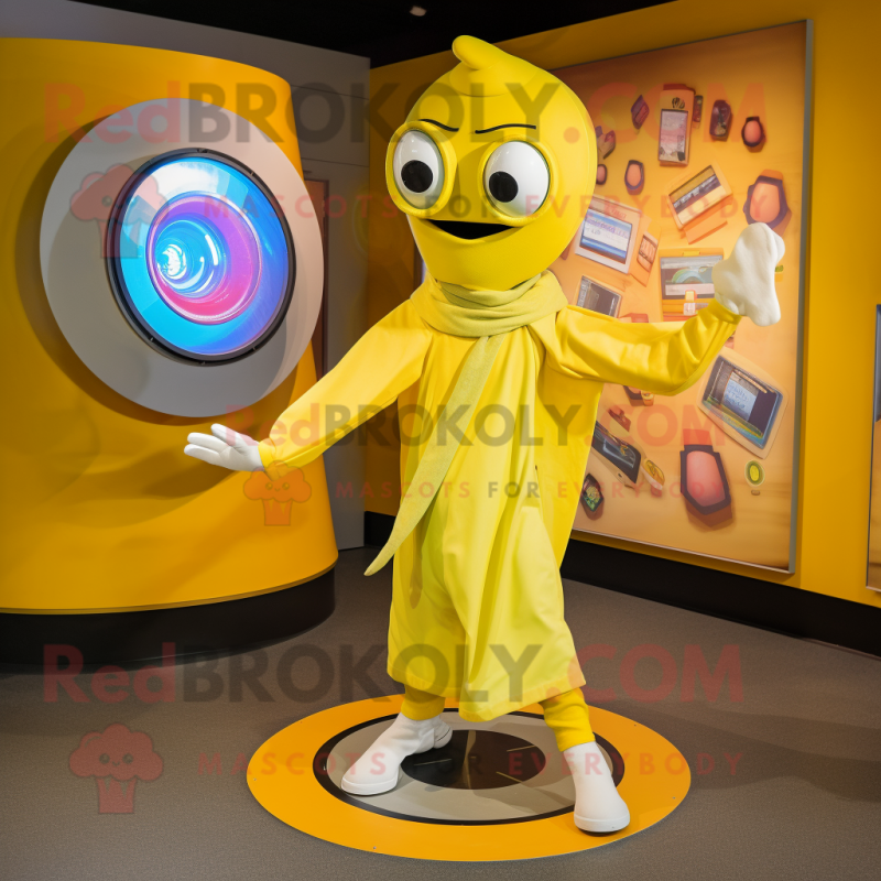 Yellow Plate Spinner mascot costume character dressed with a Romper and Scarves