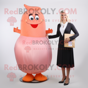 Peach Attorney mascot costume character dressed with a Cocktail Dress and Coin purses