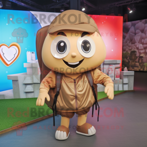 Tan Heart mascot costume character dressed with a Jacket and Backpacks