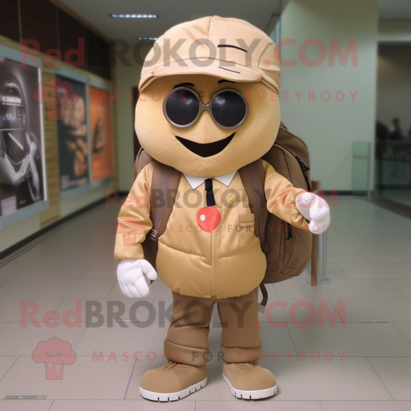 Tan Heart mascot costume character dressed with a Jacket and Backpacks