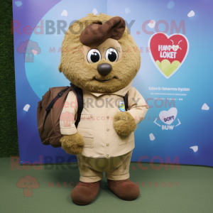 Tan Heart mascot costume character dressed with a Jacket and Backpacks