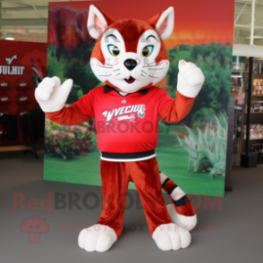 Red Bobcat mascot costume character dressed with a Long Sleeve Tee and Beanies