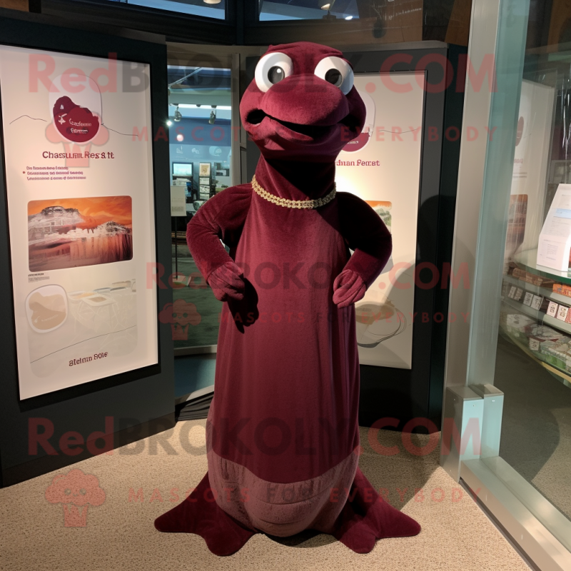 Maroon Loch Ness Monster mascot costume character dressed with a Empire Waist Dress and Hair clips