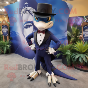 Navy Dimorphodon mascot costume character dressed with a Tuxedo and Backpacks