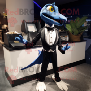 Navy Dimorphodon mascot costume character dressed with a Tuxedo and Backpacks