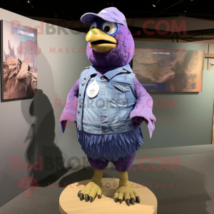 Purple Dove mascot costume character dressed with a Denim Shorts and Wraps