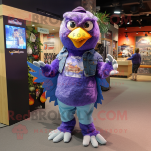 Purple Dove mascot costume character dressed with a Denim Shorts and Wraps
