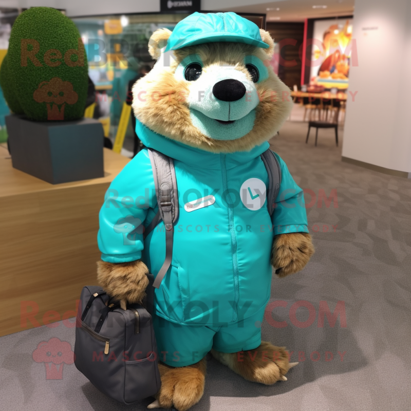 Turquoise Marmot mascot costume character dressed with a Parka and Messenger bags