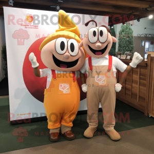 Peach Beef Stroganoff mascot costume character dressed with a Overalls and Messenger bags