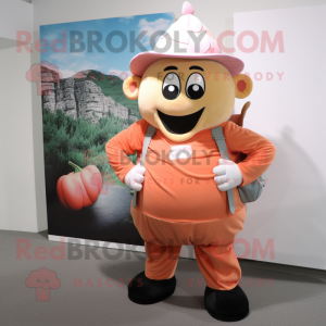Peach Beef Stroganoff mascot costume character dressed with a Overalls and Messenger bags