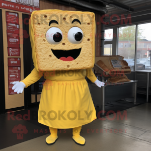 Yellow Grilled Cheese Sandwich mascot costume character dressed with a Empire Waist Dress and Cummerbunds