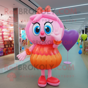 Peach Heart Shaped Balloons mascot costume character dressed with a Mini Dress and Tote bags