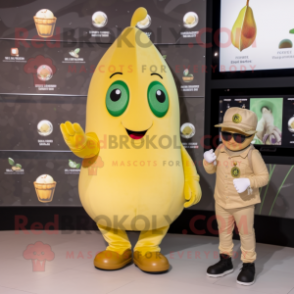 Gold Pear mascot costume character dressed with a Playsuit and Smartwatches