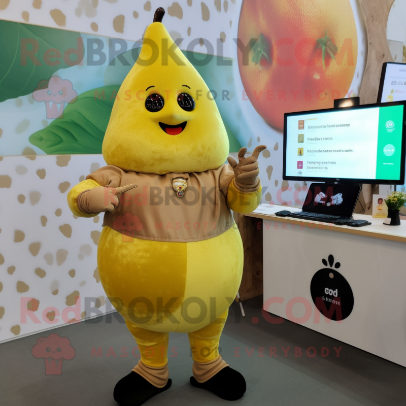 Gold Pear mascot costume character dressed with a Playsuit and Smartwatches