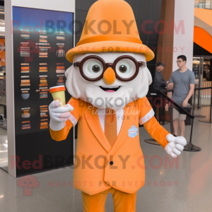 Orange Ice Cream Cone mascot costume character dressed with a Poplin Shirt and Reading glasses