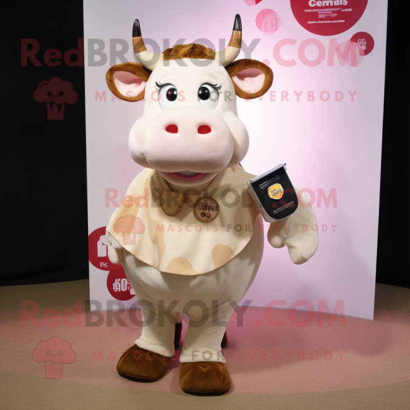 Cream Hereford Cow mascot costume character dressed with a Mini Skirt and Coin purses