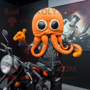 Orange Squid mascot costume character dressed with a Biker Jacket and Suspenders