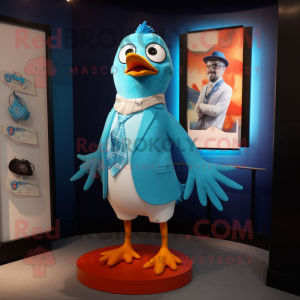 Turquoise Gull mascot costume character dressed with a Suit and Hairpins