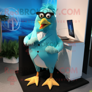 Turquoise Gull mascot costume character dressed with a Suit and Hairpins