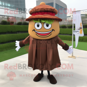 Brown Hamburger mascot costume character dressed with a Wrap Skirt and Hat pins